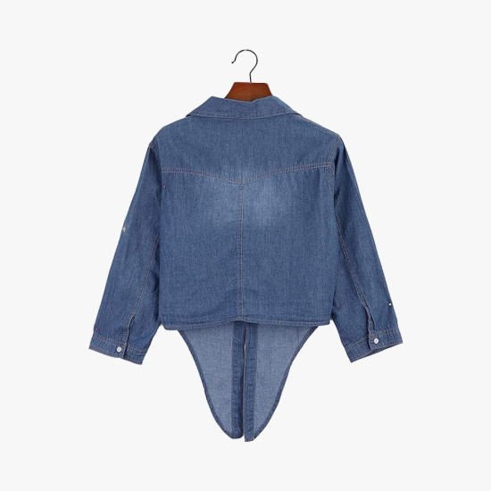 Denim Jean Top Jacket Sleeve Crop Women